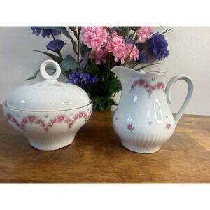 JLMENAU East Germany Pink Rose Garland Covered‎ Sugar Bowl Creamer Porcelain GDR